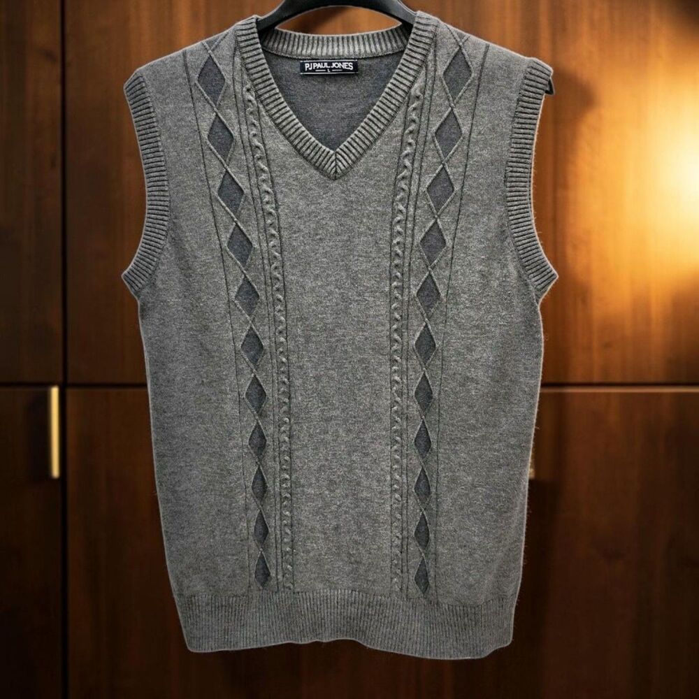 Paul Jones Sweater Vest Mens Large Gray Argyle Cable Knit Preppy Retro Vibe